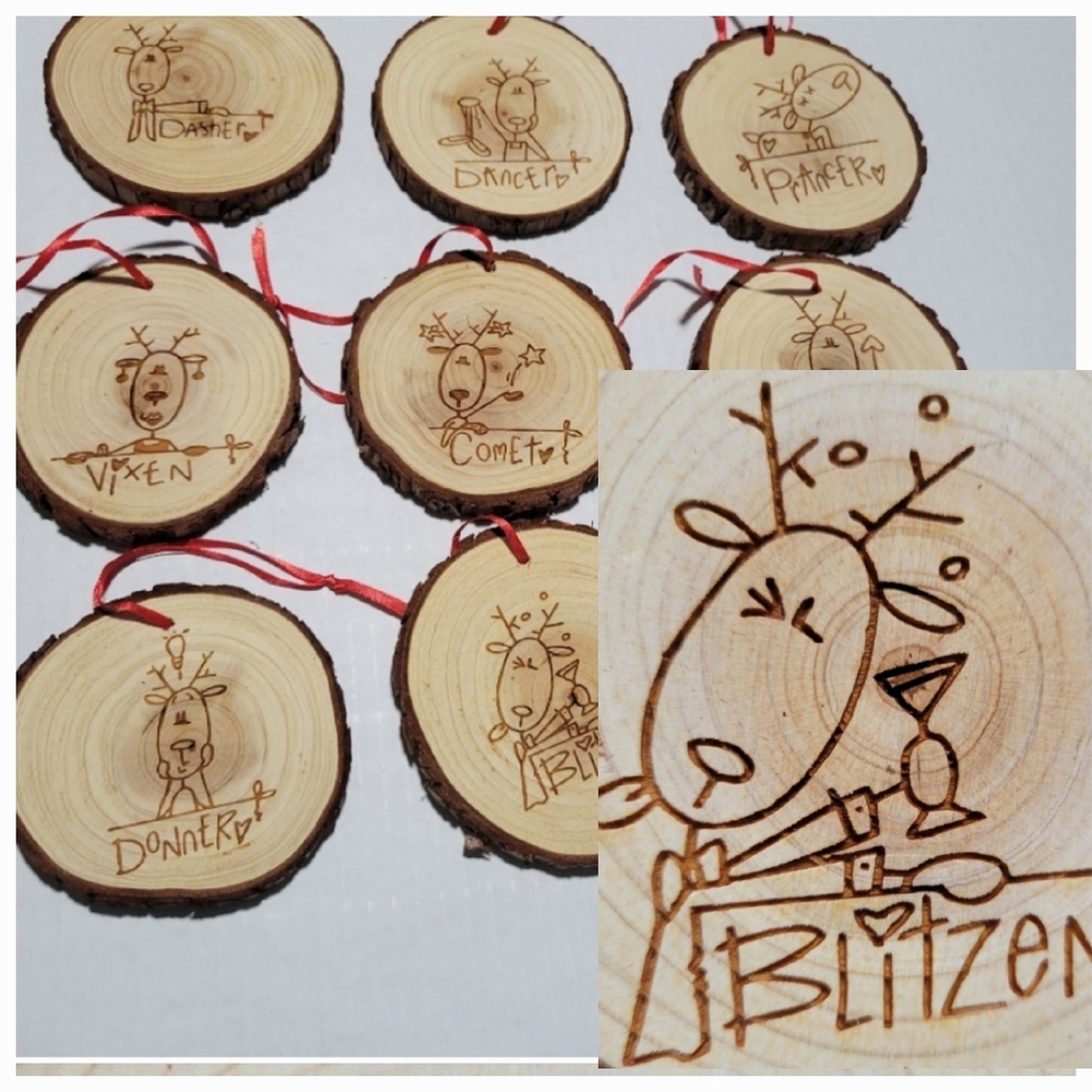Set of 9 Christmas Reindeer Names Wood Slice Ornament Rudolf red nose Reversible